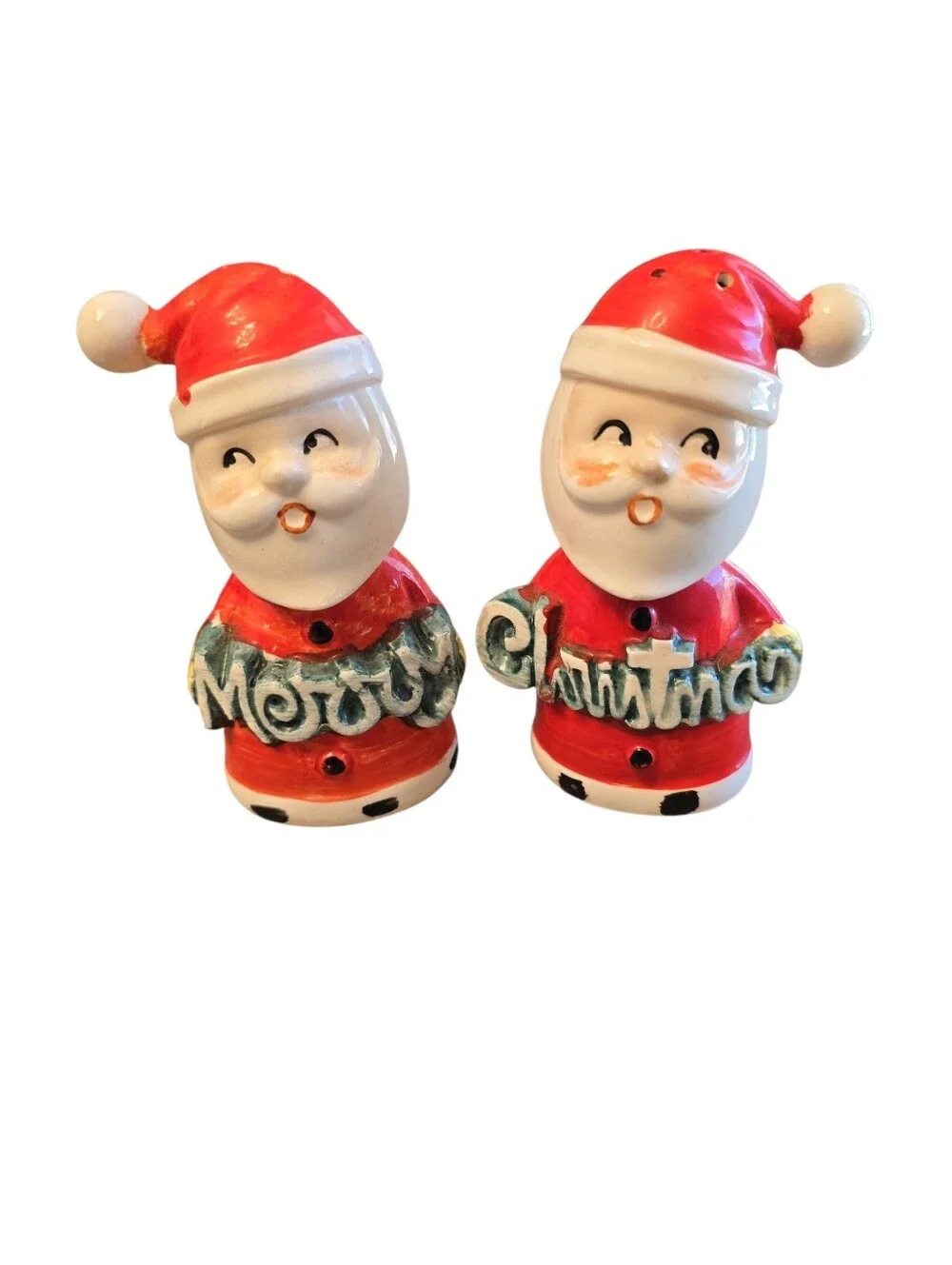 Vintage Santa Clause Ceramic Merry Christmas Salt Pepper Shakers Japan w/Plugs
